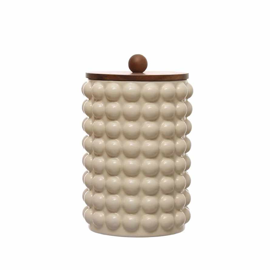 Stoneware Canister w/ Raised Dots & Acacia Wood Lid & Natural
