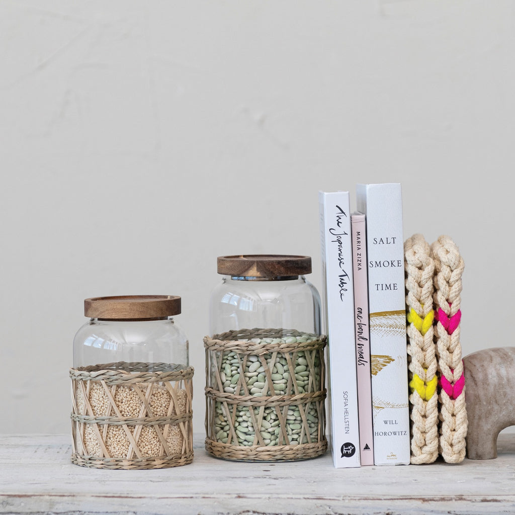 Glass Canisters w/ Acacia Wood Lid & Woven Sleeve
