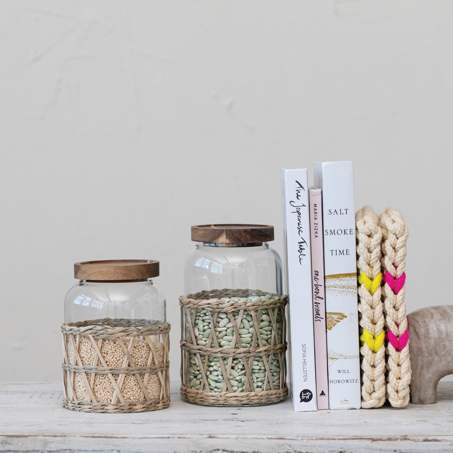 Glass Canisters w/ Acacia Wood Lid & Woven Sleeve