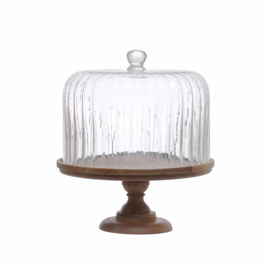Acacia Wood Pedestal Cake Stand w/ Fluted Glass Cloche