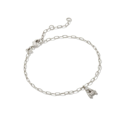 Kendra Scott Rhodium Metal Crystal Letter Silver Delicate Chain Bracelet in White Crystal