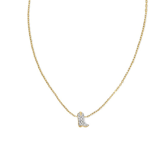 Tiny Cowboy Boot Pendant Necklace, 14K Gold White Diamond