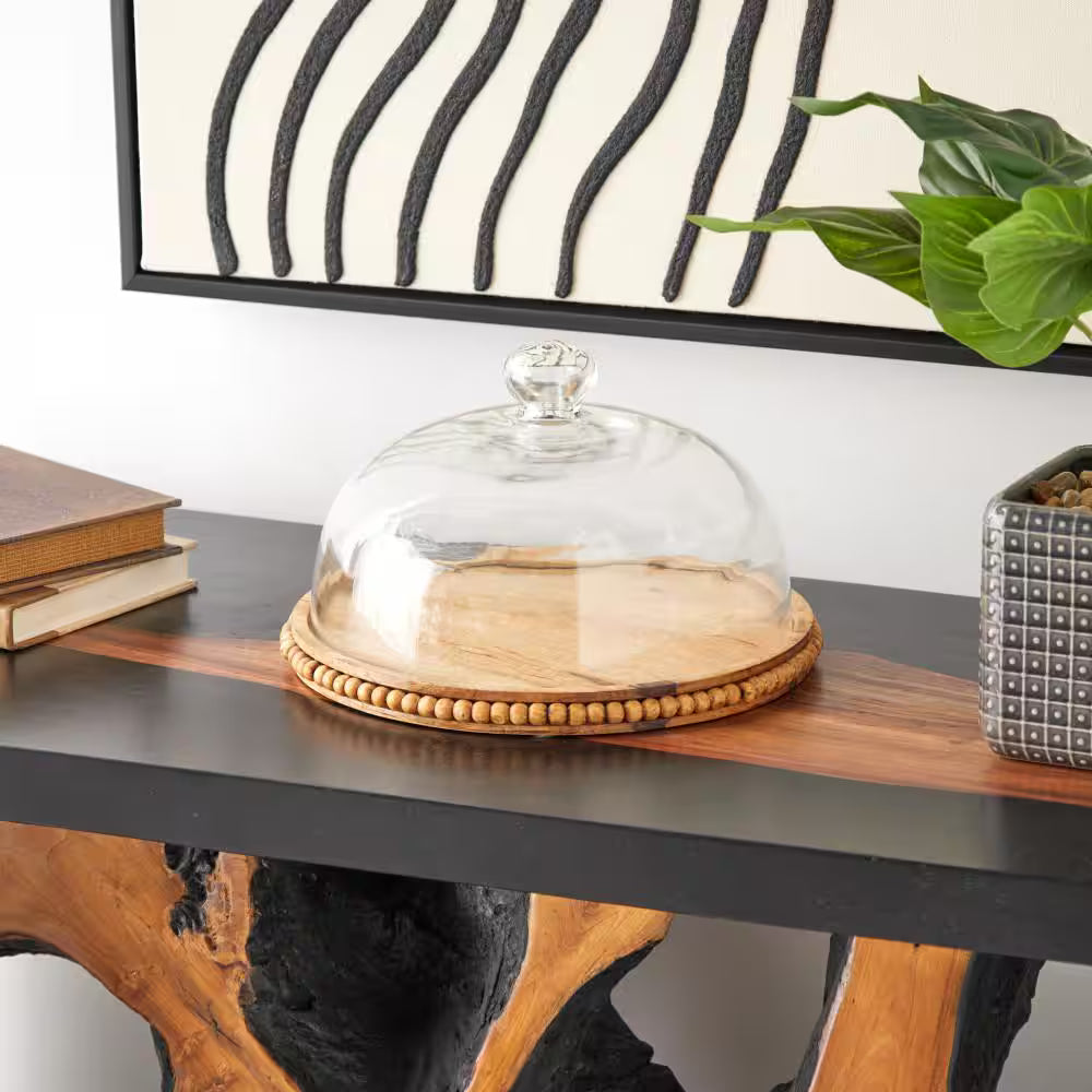 Natural Beaded Wood Tray with Glass Cloche