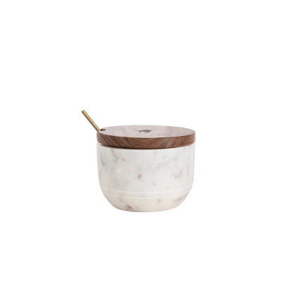 Marble and Acacia Wood Bowl with Lid and Brass Spoon, 2 Styles