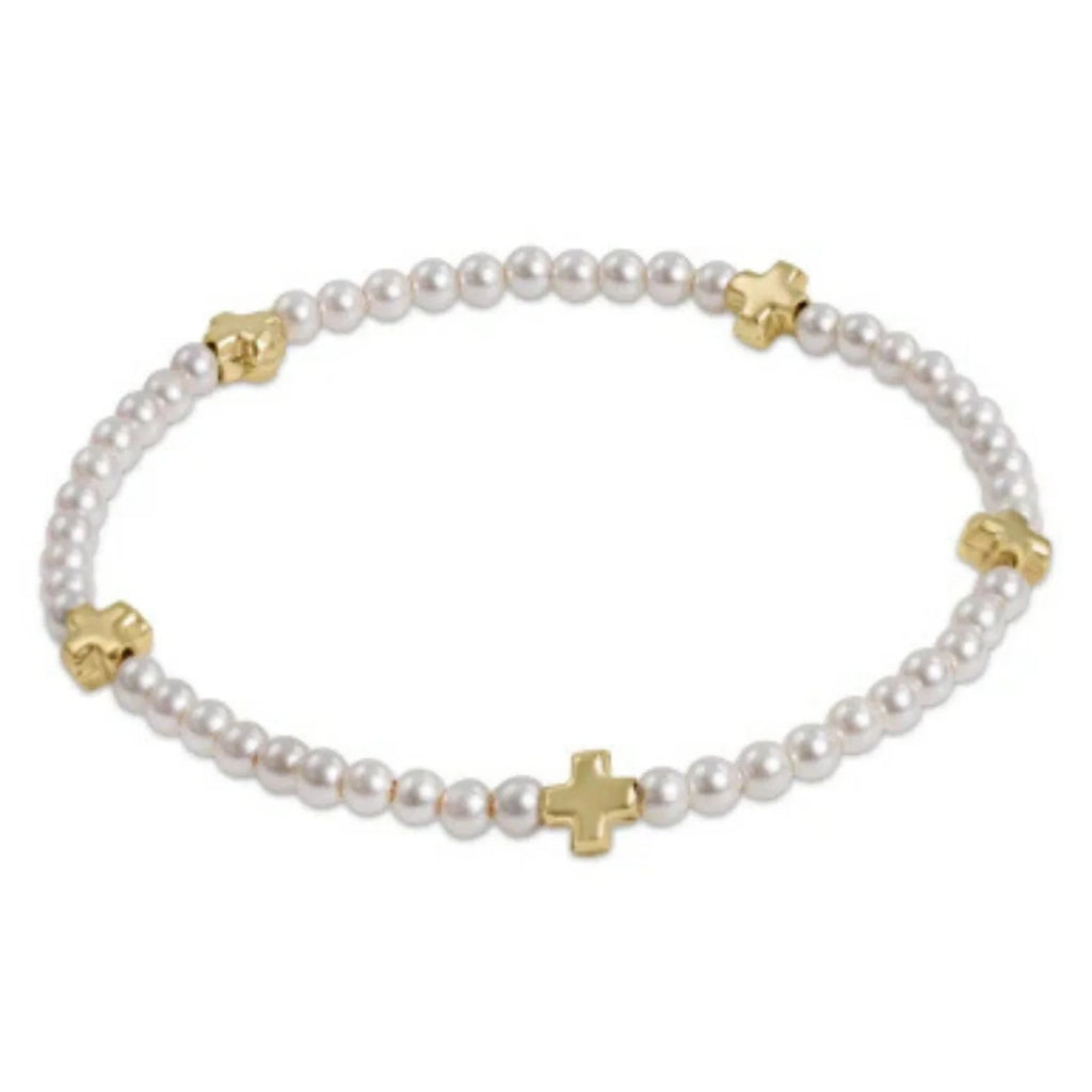 signature cross pearl pattern 4mm bead bracelet gold