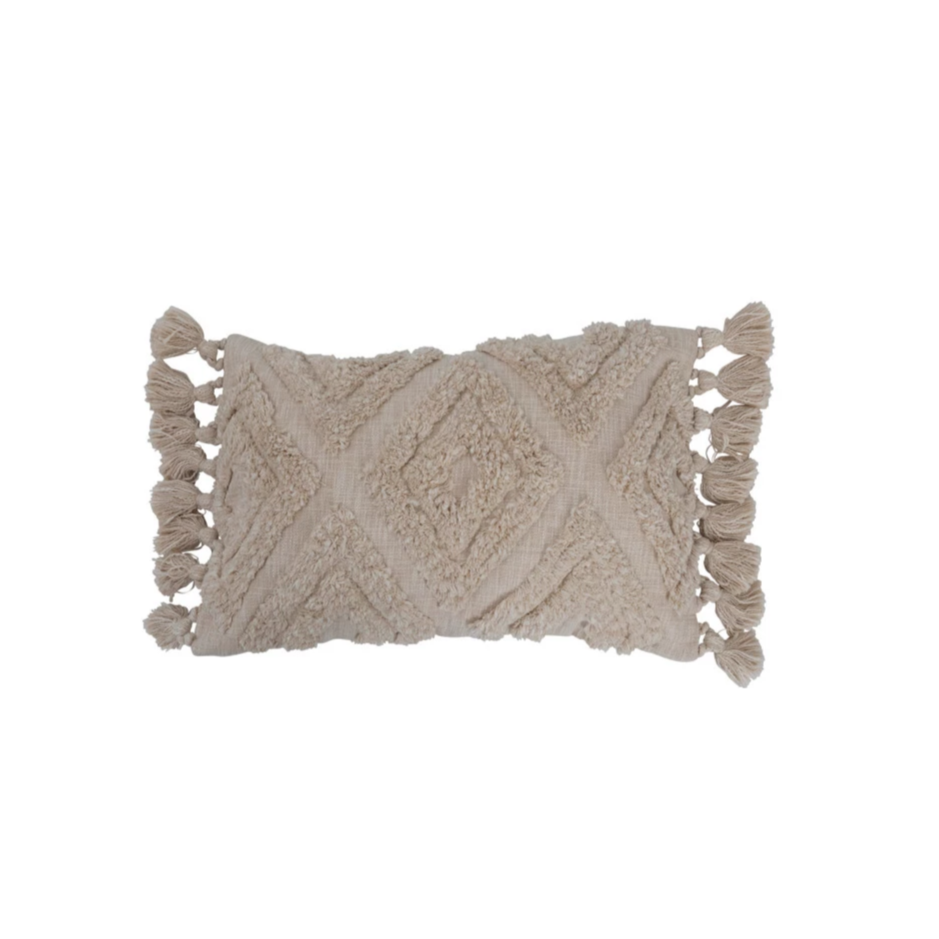 Woven Cotton Slub Lumbar Pillow w/ Tufted Design & Tassels, 2 Styles, Down Fill