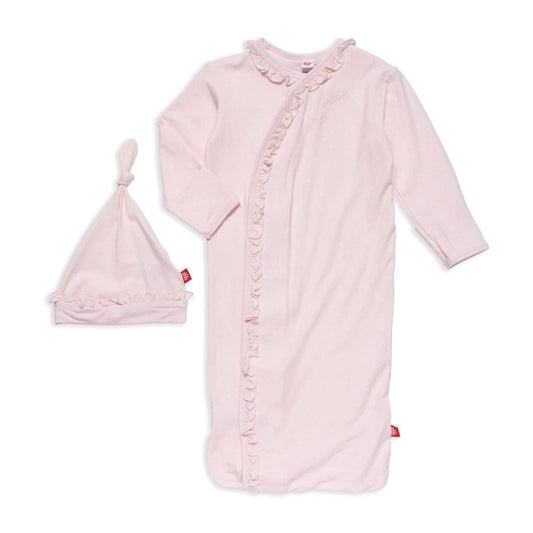 Pin Dot Pink Ruffle Placket Gown + Hat Set | Baby Shower Emily Gates