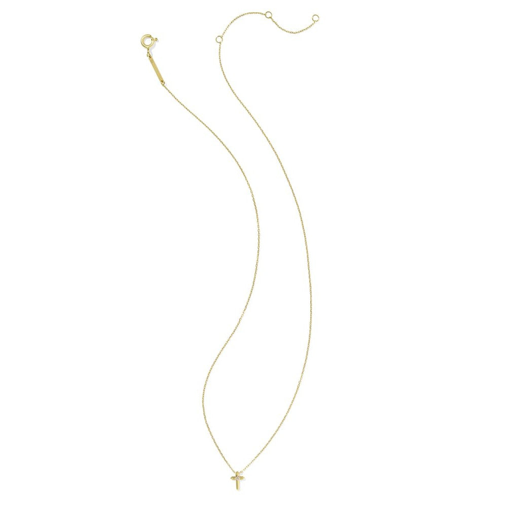 Tiny Cross Pendant Necklace, 14K Gold White Diamond