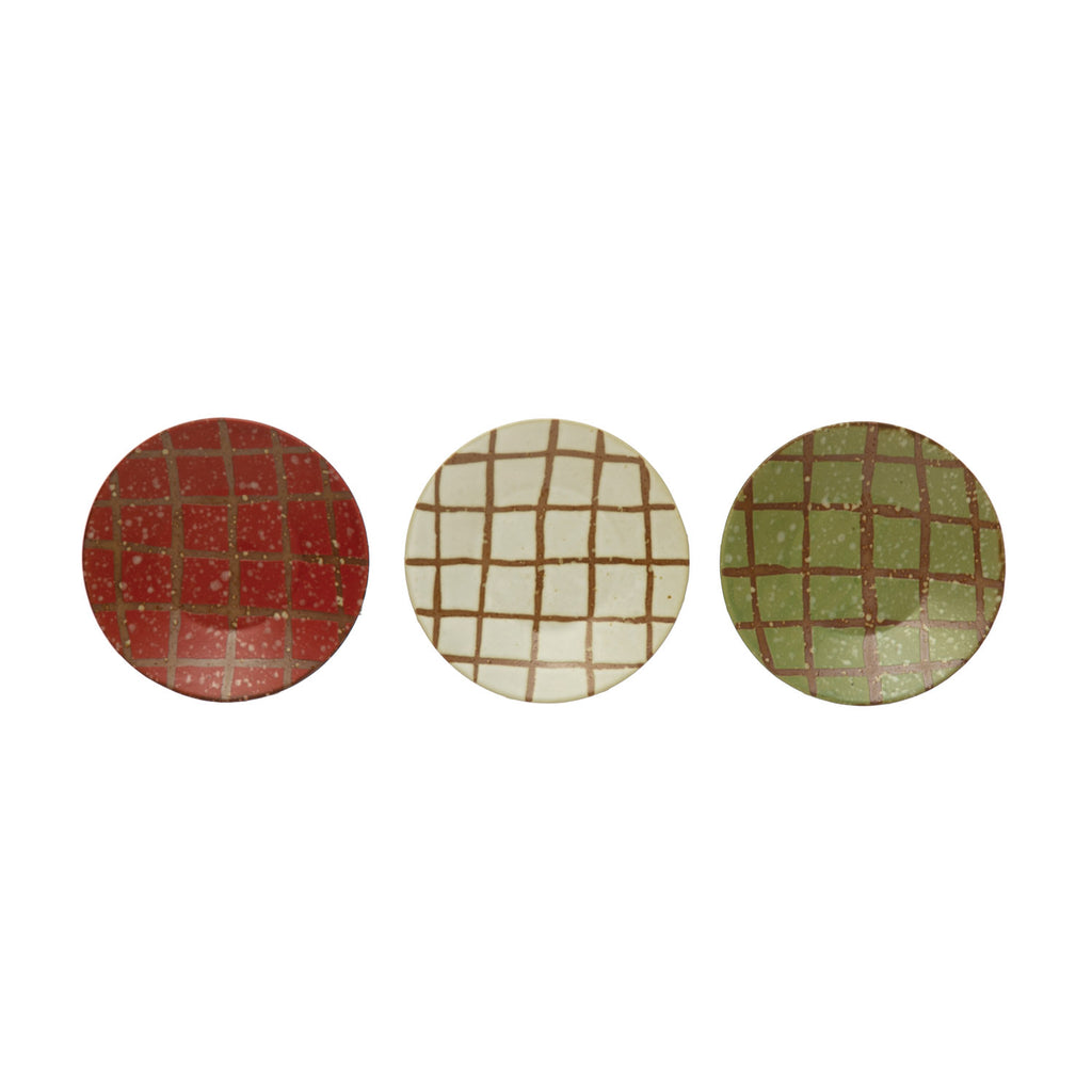 Hand-Painted Stoneware Plate with Wax Relief Grid Pattern, Reactive Glaze, 3 Colors