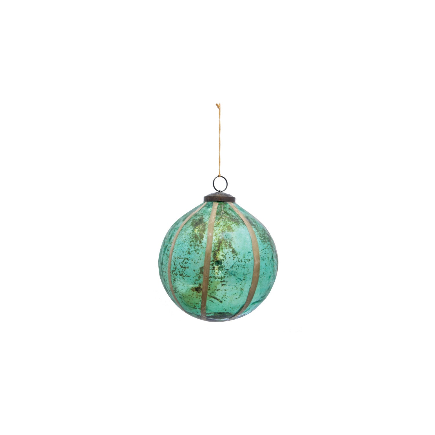 Recycled Glass Ball Ornament w/ Embedded Eucalyptus Leaves, Turquoise