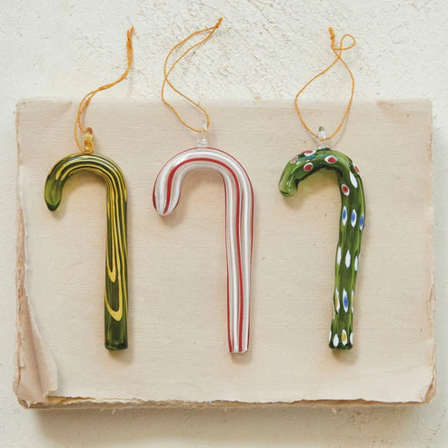 Handmade Glass Candy Cane Ornament w/ Stripes, 3 Styles