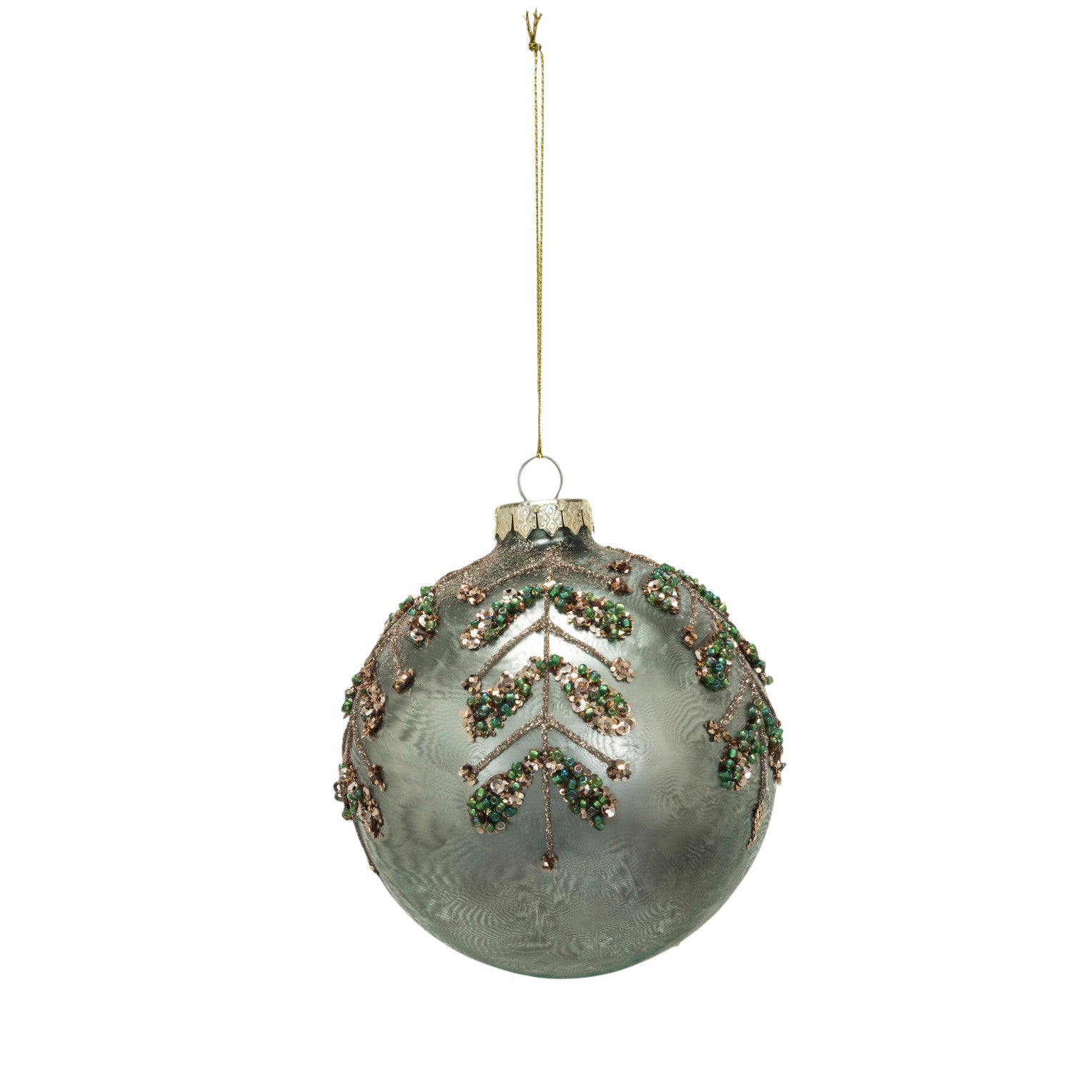 Glass Ball Ornament w/ Glitter, Sequins & Beads, Sage Color