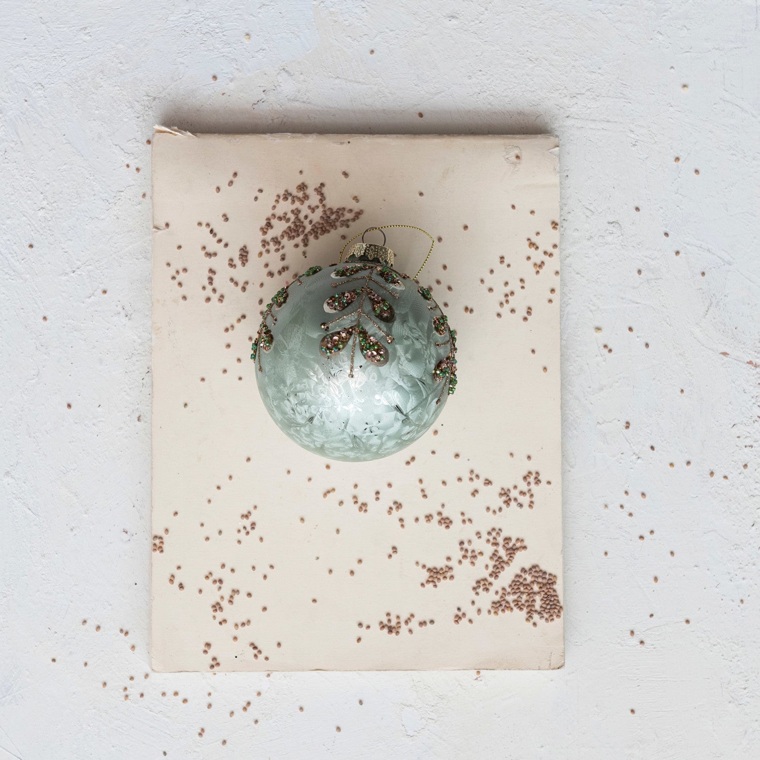 Glass Ball Ornament w/ Glitter, Sequins & Beads, Sage Color