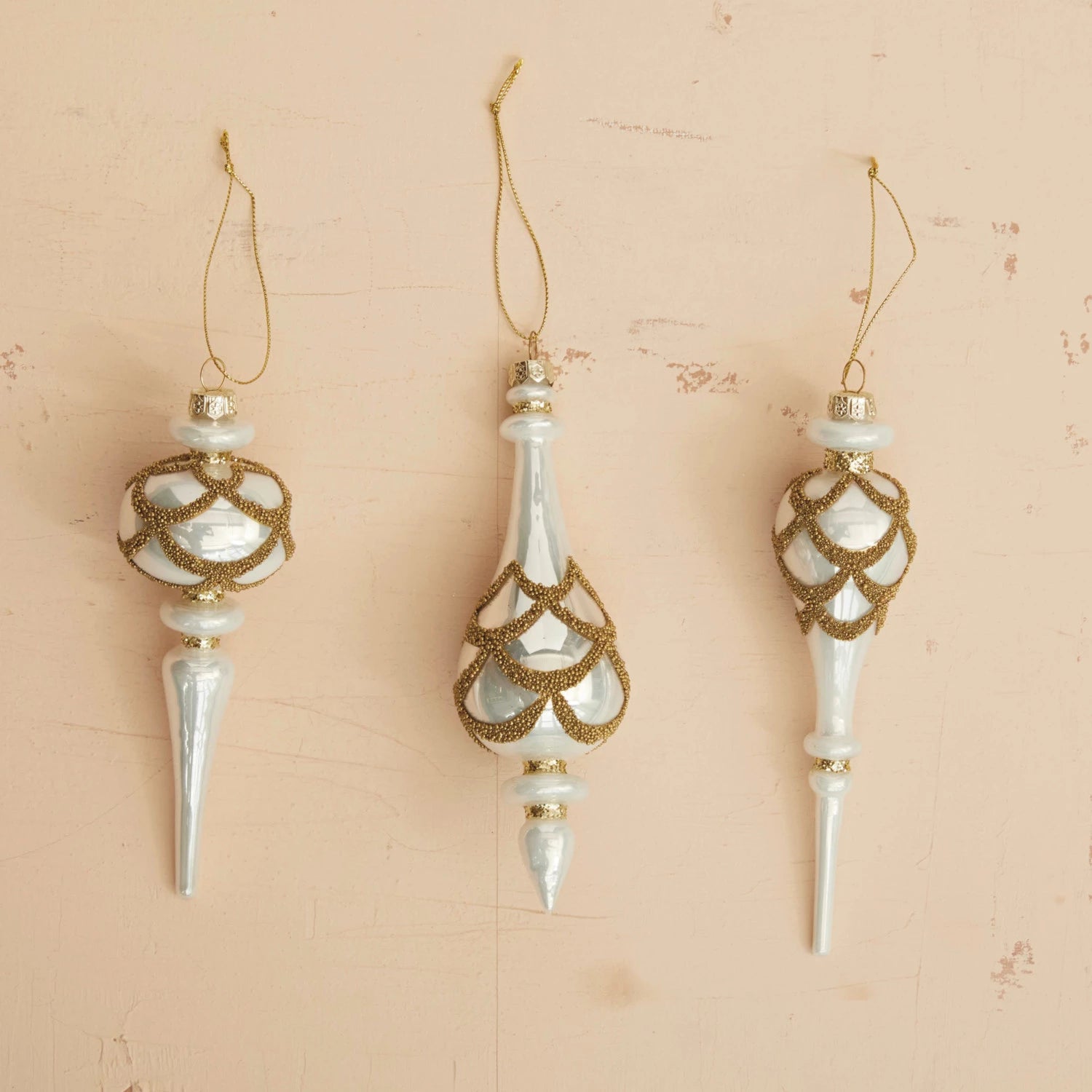 Glass Finial Ornament w/ Beads, White & Gold Finish, 3 Styles