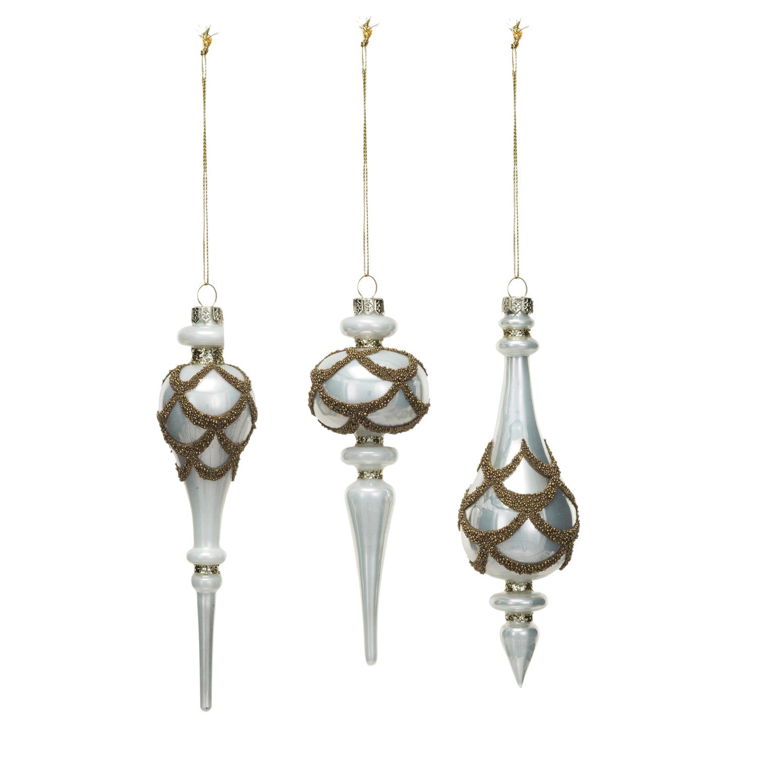 Glass Finial Ornament w/ Beads, White & Gold Finish, 3 Styles