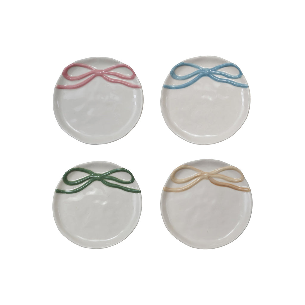 4-1/4" Round Stoneware Dish with Bow, 4 Colors