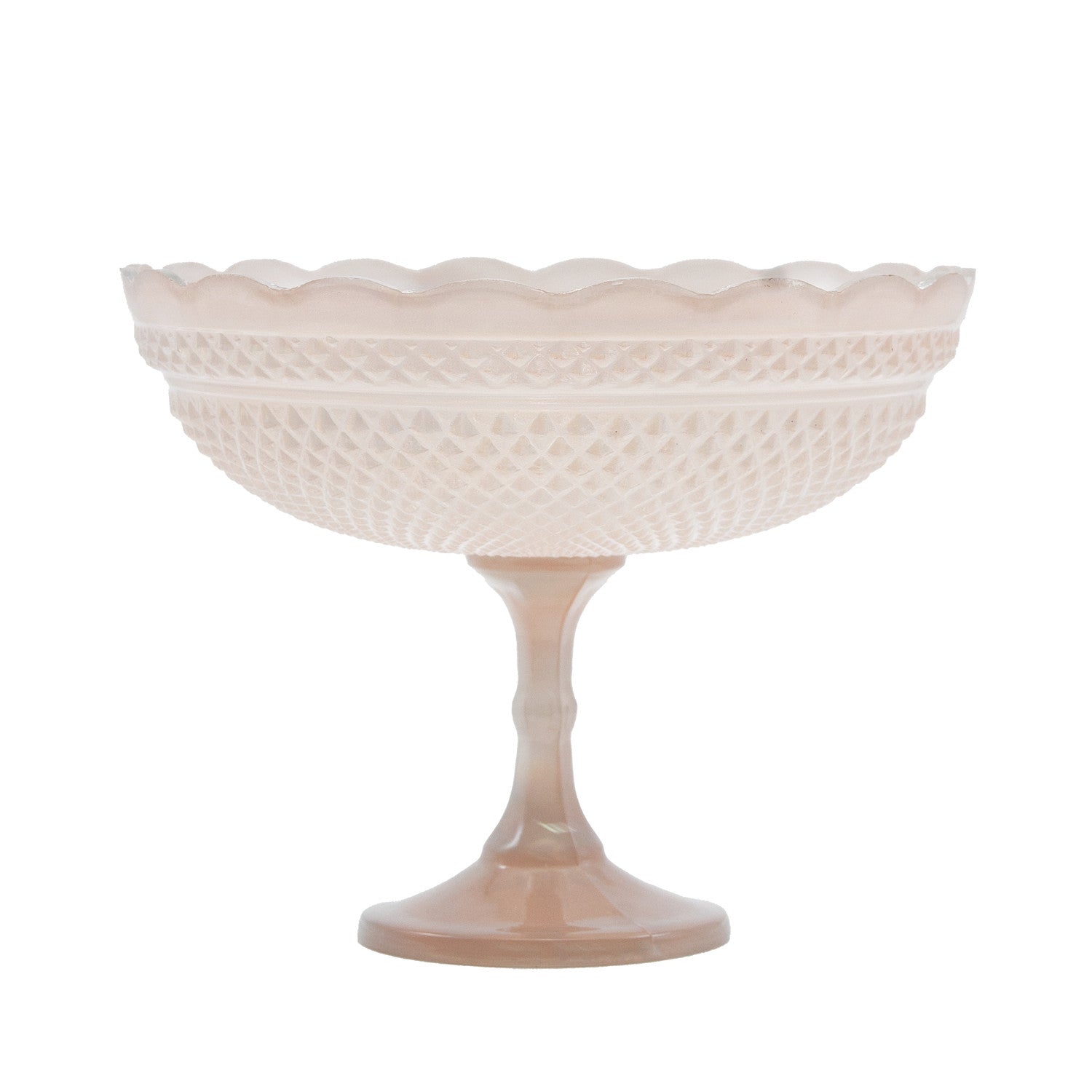 9" Round x 7-1/4"H Pressed Glass Scalloped Footed Bowl, Blush Color