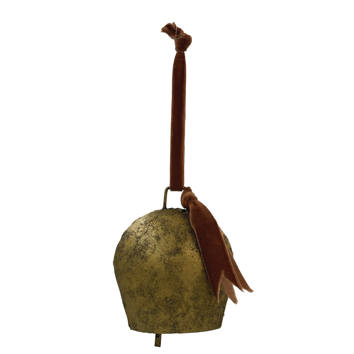 Metal Bell Ornament with Velvet Ribbon, Antique Gold Finish
