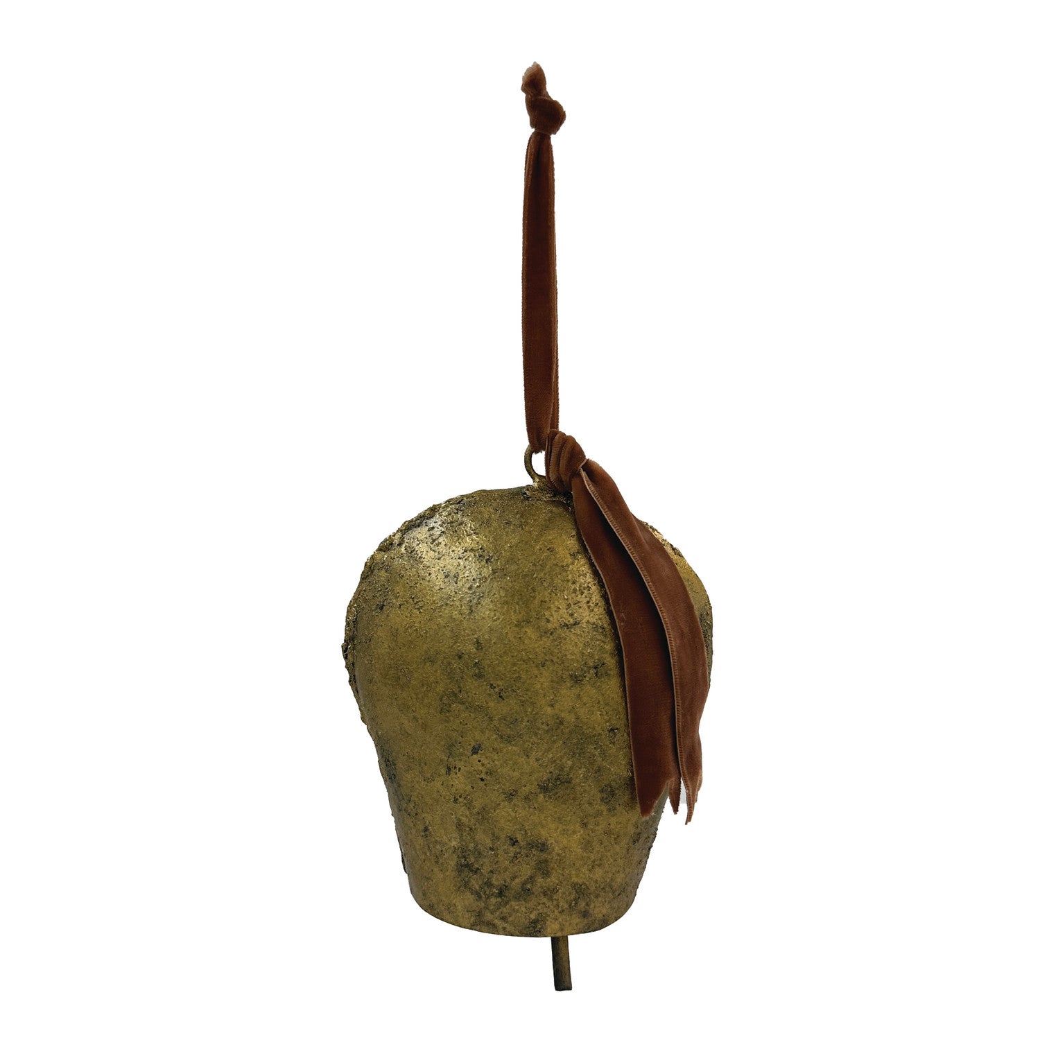 Metal Bell Ornament with Velvet Ribbon, Antique Gold Finish