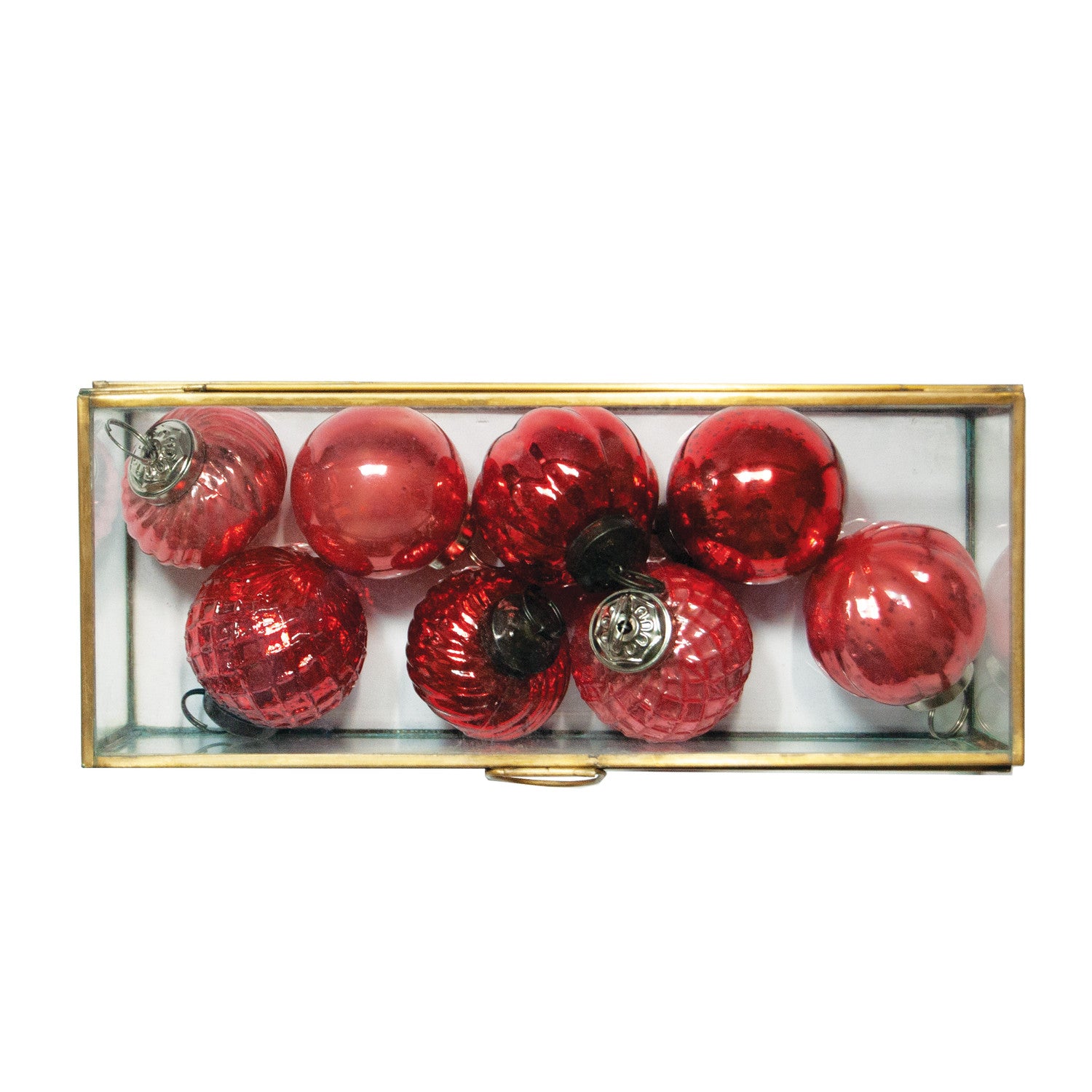 (8) Embossed Mercury Glass Ornaments in Display Box, Set of 9