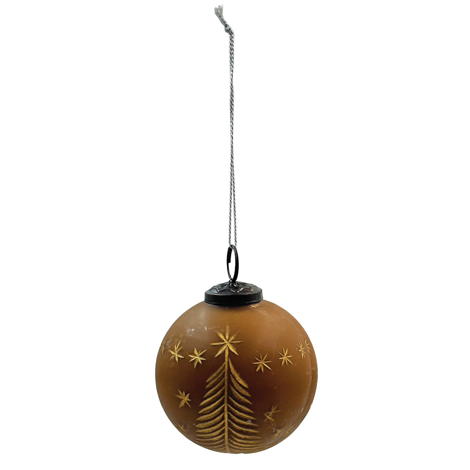 Hand-Painted Glass Ball Ornament with Etched Trees & Stars