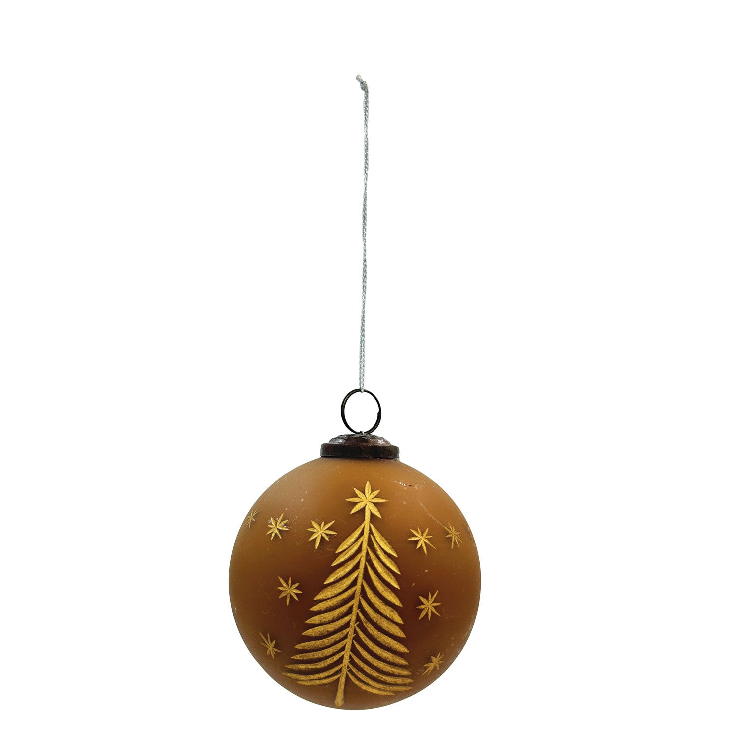 Hand-Painted Glass Ball Ornament with Etched Trees & Stars