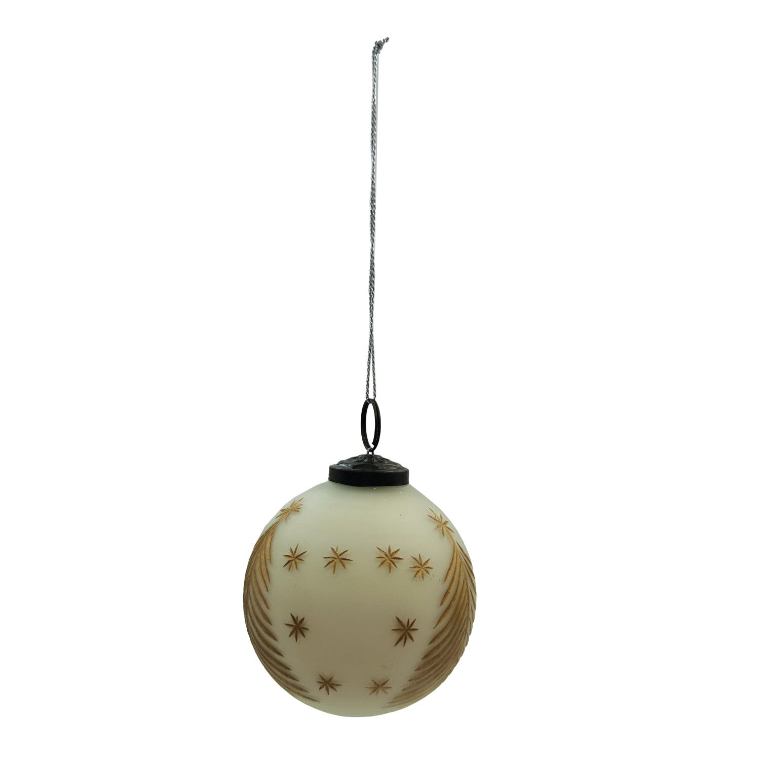 Hand-Painted Glass Ball Ornament with Etched Trees & Stars