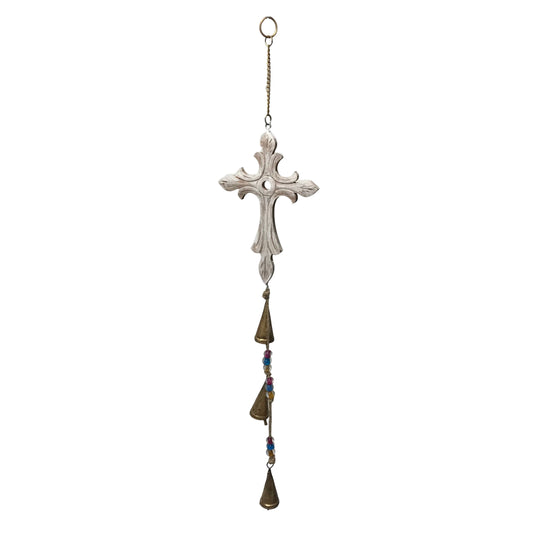 Seville Whitewash Wood Cross Hanging Chapel Bells Wind Chime