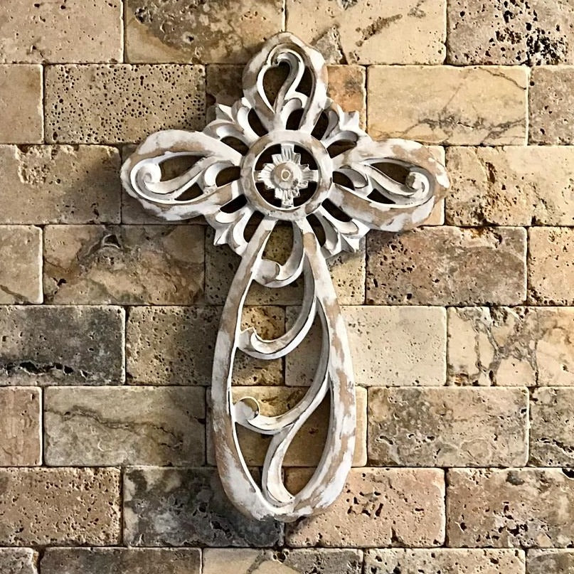 Hand-Carved Wood St. Louis Wall Cross in Rustic White-Wilco Home-Lasting Impressions