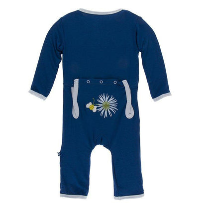 Navy Cornflower and Bee Coverall Applique with Snaps-Kickee Pants-Lasting Impressions