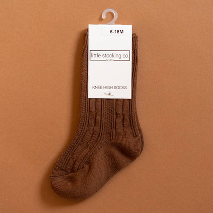 Little Stocking Co Cable Knit Knee High Socks Chocolate Brown