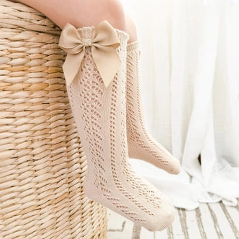 Lace Cable Knit Knee High Socks with Bow