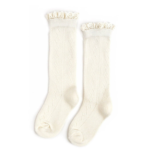 Little Stocking Co. Ivory Fancy Lace Top Knee High Socks