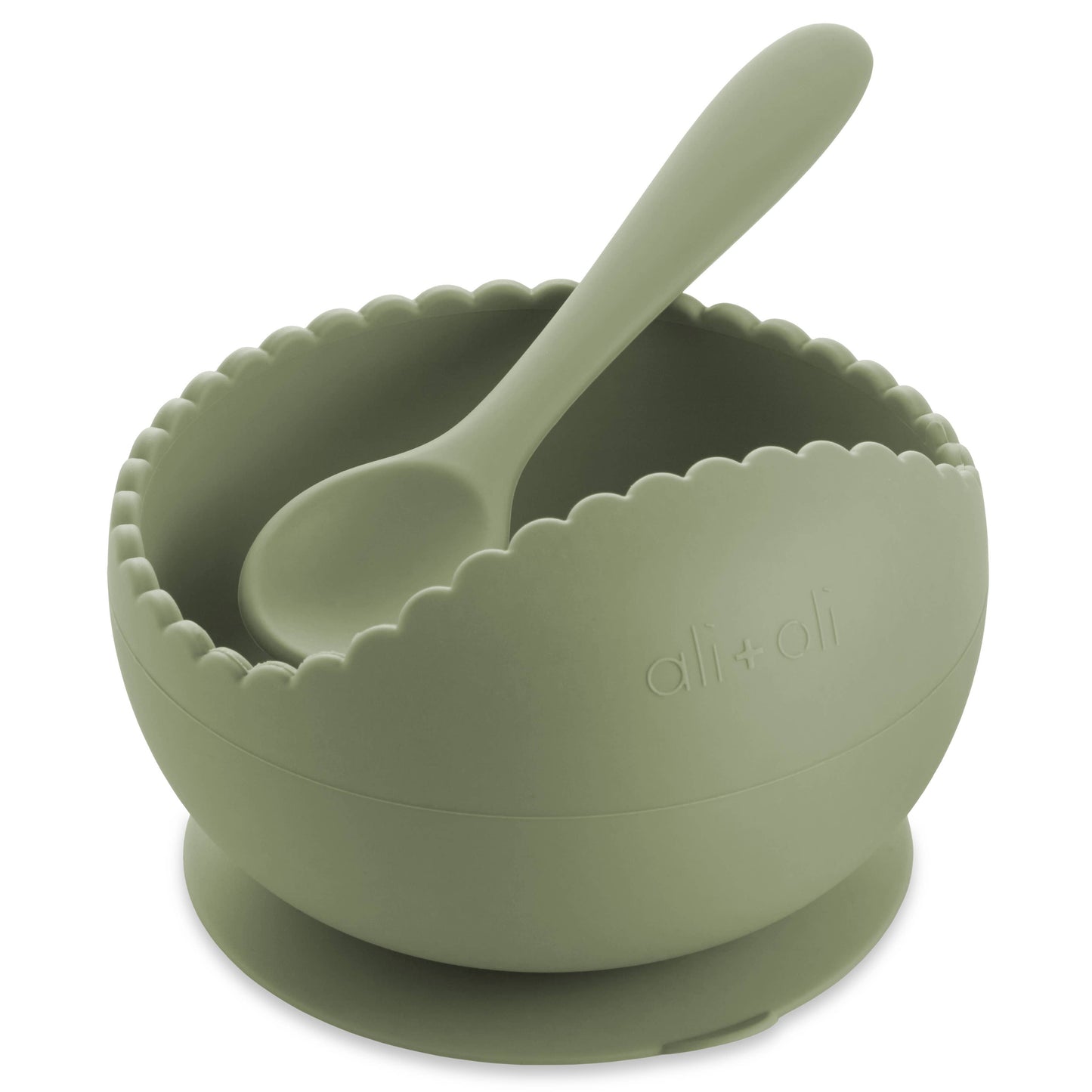 Ali+Oli Silicone Suction Bowl & Spoon Set, Wavy in Sage