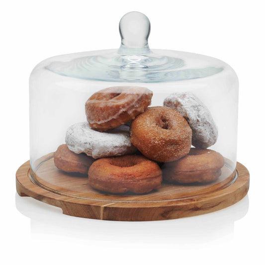 Acaciawood Flat Round Wood Server Cake Stand with Glass Dome