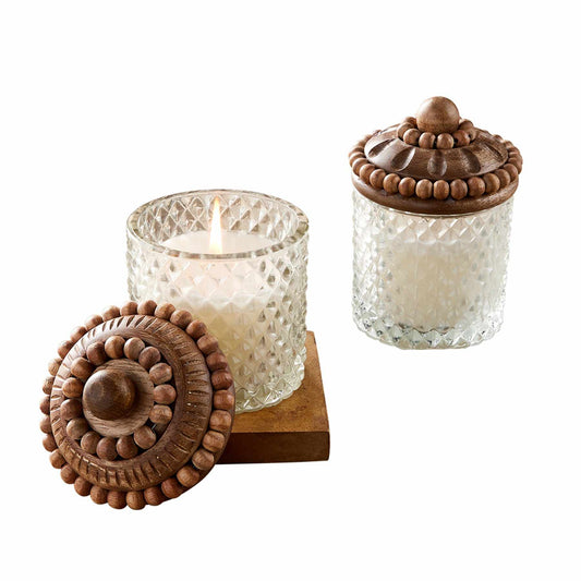 Ticking Beaded Wood & Glass Candle