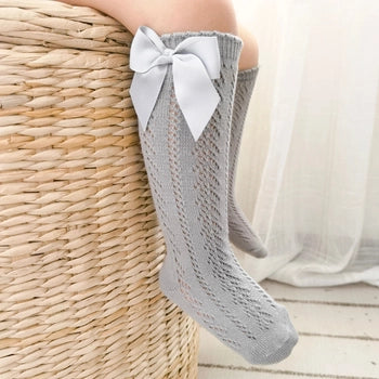 Lace Cable Knit Knee High Socks with Bow