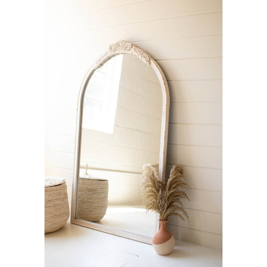 Large Arched Wood Framed Mirror with Carved Detail