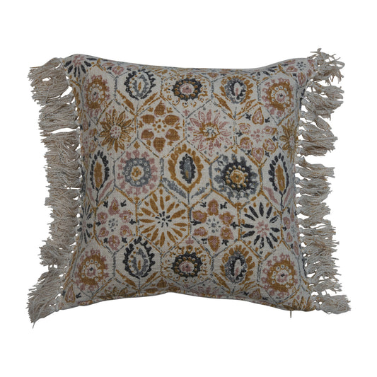 Stonewashed Cotton Blend Slub Pillow w/ Pattern & Fringe, Polyester Fill