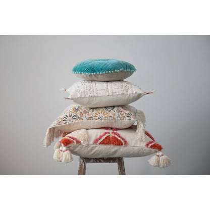 Stonewashed Cotton Blend Slub Pillow w/ Pattern & Fringe, Polyester Fill