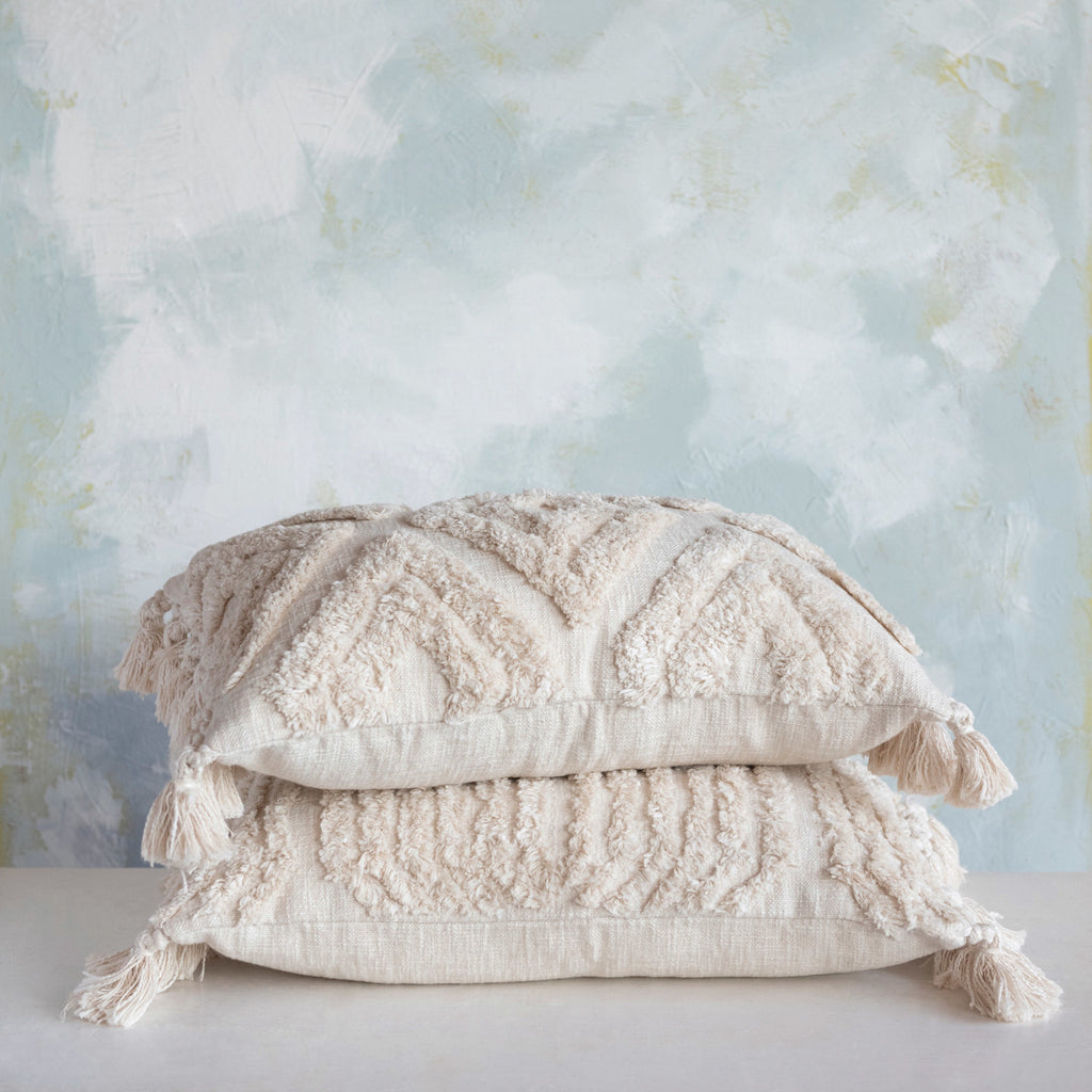 Woven Cotton Slub Lumbar Pillow w/ Tufted Design & Tassels, 2 Styles, Down Fill