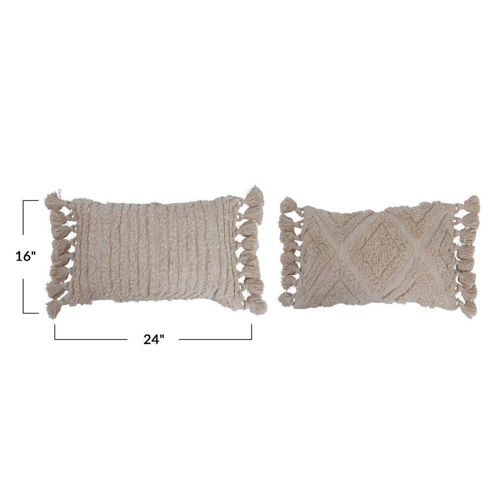 Woven Cotton Slub Lumbar Pillow w/ Tufted Design & Tassels, 2 Styles, Down Fill