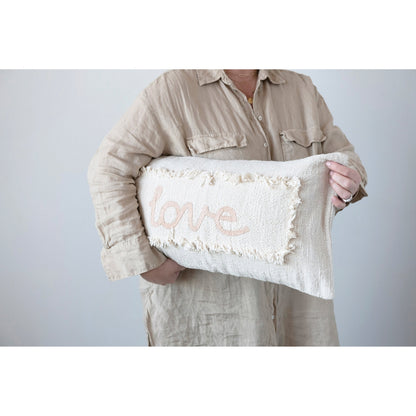 Cotton Embroidered Lumbar Pillow with Eyelash Fringe "Love"