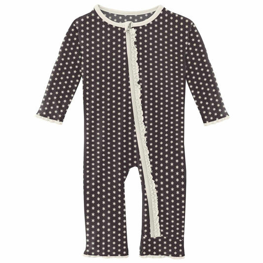 Midnight Tiny Snowflakes Kickee Pants Muffin Ruffle Coverall with Zipper