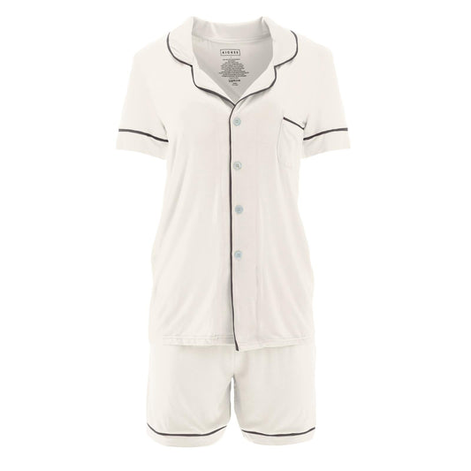 Kickee Pants Women's Short Sleeve Collared Pajama Set in Natural with Midnight