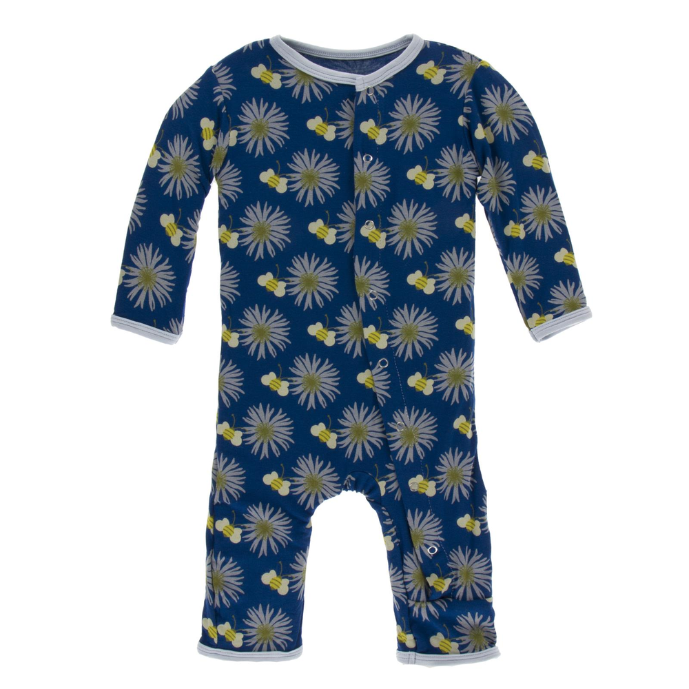 Kickee Pants Navy Cornflower And Bee Coverall with Snaps