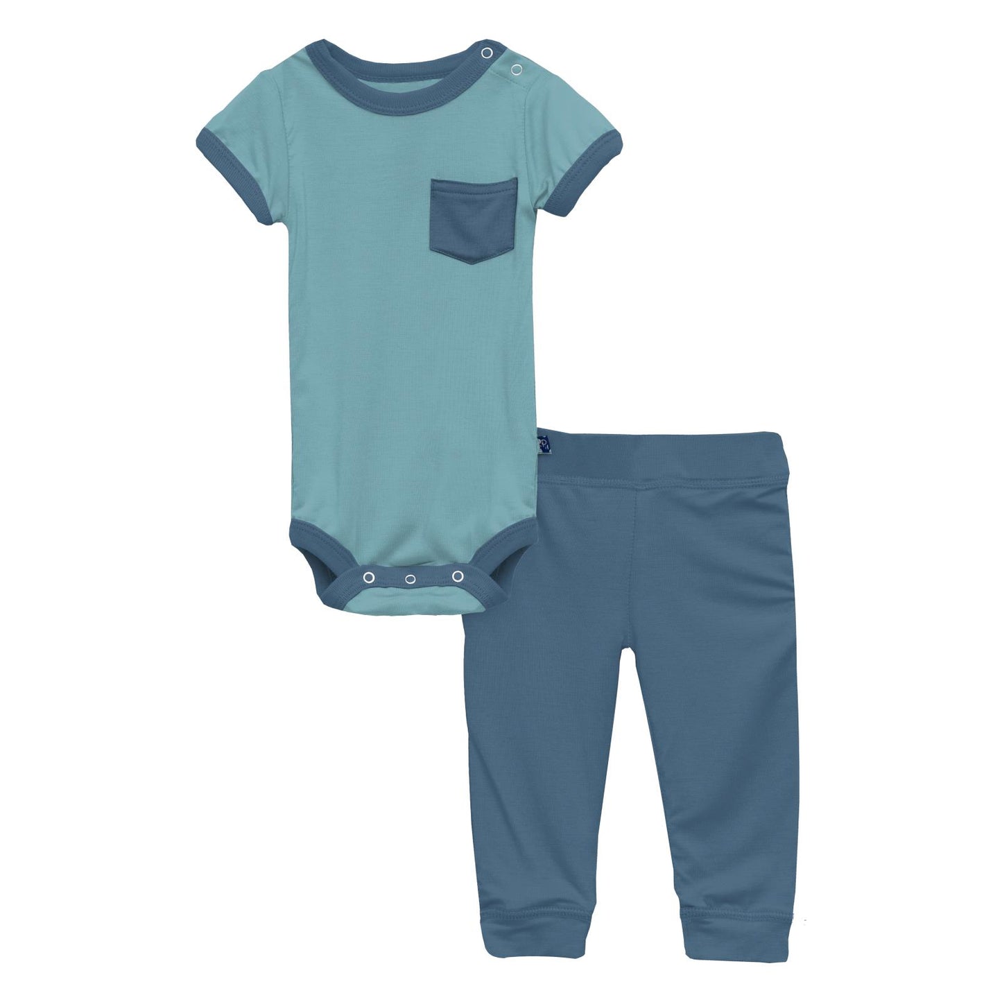 Kickee Pants Short Sleeve Pocket One Piece & Pants Outfit Set in Glacier with Twilight