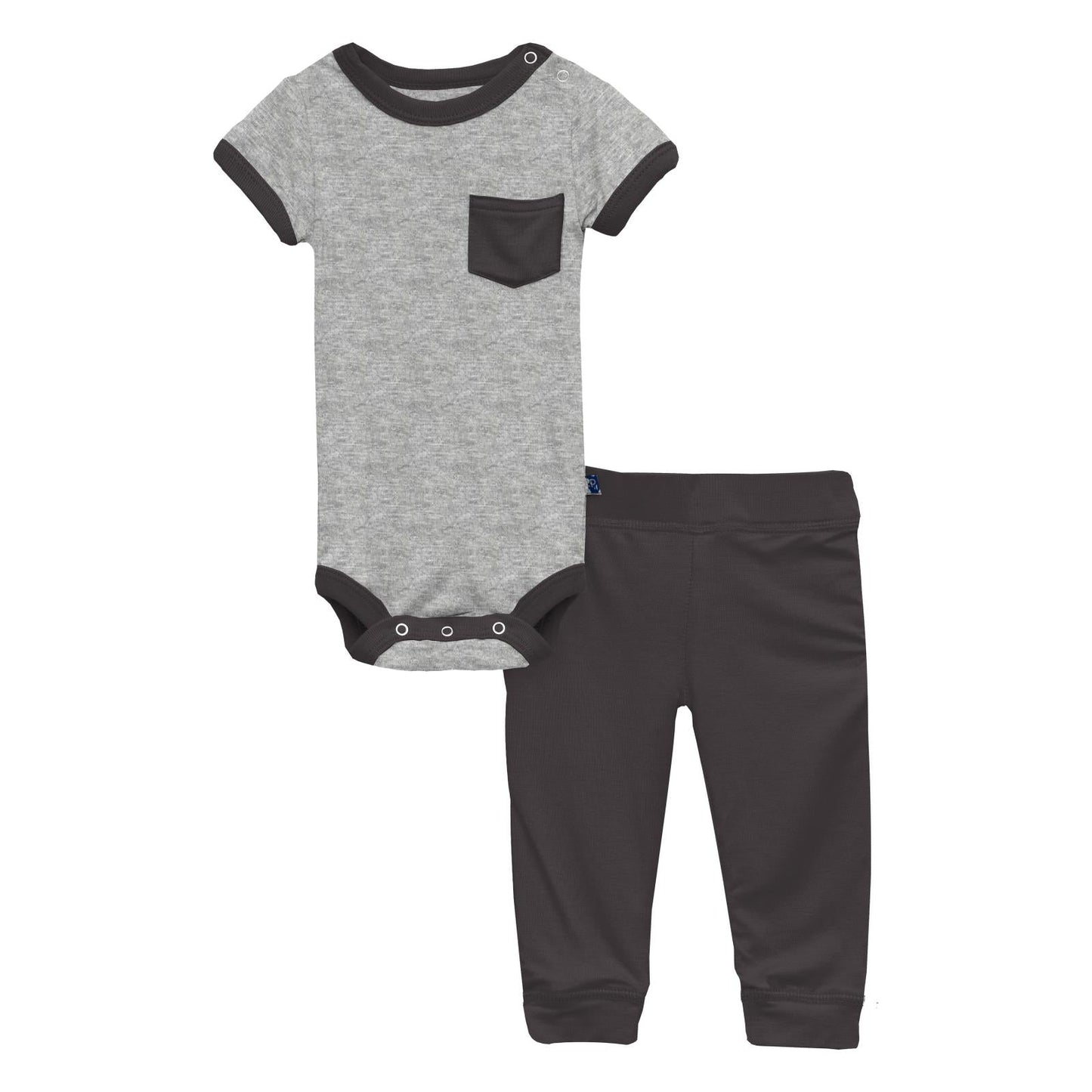 Kickee Pants Short Sleeve Pocket One Piece & Pants Outfit Set in Heathered Mist with Twilight