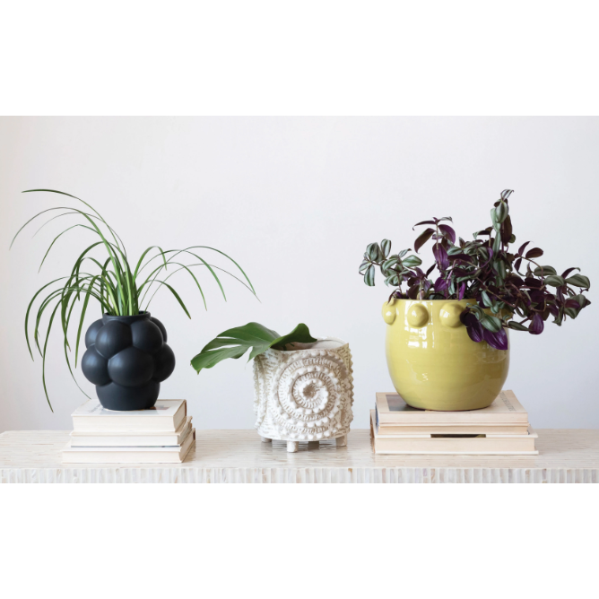 Textured Stoneware Footed Planter with Swirl Pattern
