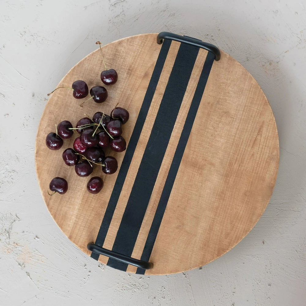 Decorative Wood Tray with Black Lines and Handles